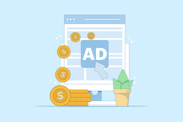 pay per click concept. online advertising where advertisers pay each time their ads are clicked. click to earn money. computer monitor with cursor, coins and debit card. flat illustration.