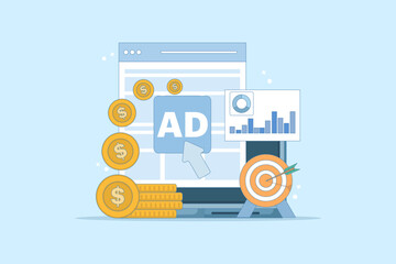 pay per click concept. online advertising where advertisers pay each time their ads are clicked. click to earn money. computer monitor with cursor, coins and debit card. flat illustration.