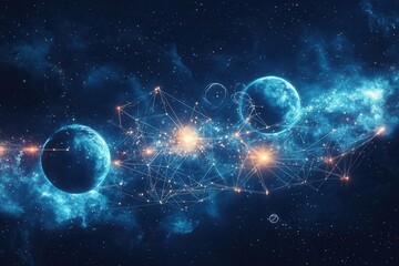 Aufkleber - Dreamy cosmic landscape with planets and glowing connections under a deep blue nebula in a magical celestial setting