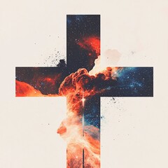 Leinwandbilder - Christian-themed vector background featuring a radiant cross against a stunning cosmic universe, symbolizing faith and spirituality.

