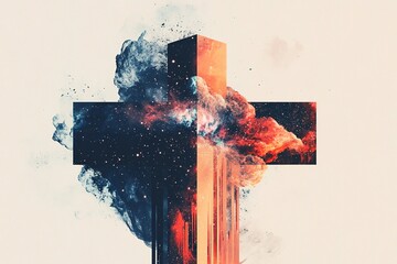 Fototapete - Christian-themed vector background featuring a radiant cross against a stunning cosmic universe, symbolizing faith and spirituality.

