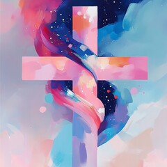 Fototapete - Christian-themed vector background featuring a radiant cross against a stunning cosmic universe, symbolizing faith and spirituality.

