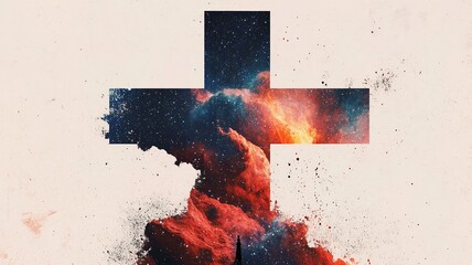 Fototapete - Christian-themed vector background featuring a radiant cross against a stunning cosmic universe, symbolizing faith and spirituality.

