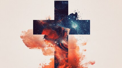 Fototapete - Christian-themed vector background featuring a radiant cross against a stunning cosmic universe, symbolizing faith and spirituality.

