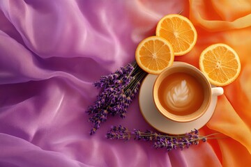 Poster - Blend of coffee steam, lavender fields, and citrus freshness on elegant silk fabric Generative AI