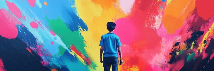 Aufkleber - Artist immersed in vibrant colors, standing before a large canvas filled with creative energy and paint splashes in a studio setting