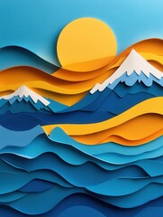 Fototapete - Vibrant paper art landscape with rolling waves and mountains under a warm sun showcasing travel inspired aesthetics Generative AI