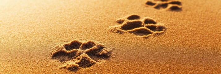 Poster - Dog paw prints on golden sand leading towards gentle waves under bright sunlight Generative AI