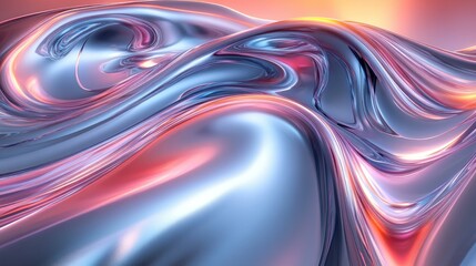 Wall Mural - Abstract metallic fluid waves, sunset backdrop, digital art
