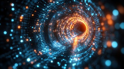 Wall Mural - abstract swirling digital tunnel, glowing particles, dark background, futuristic design