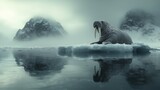 a massive walrus lounges atop a drifting sheet of ice in the cold arctic waters, its thick, wrinkled skin glistening in the soft northern light. its long, curved tusks rest against its chest as its de