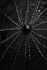 Dew-kissed spiderweb glistening dark, intricate design.