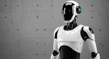 Advanced android on grey grunge background standing. Futuristic robot for science fiction. Artificial intelligence and advanced technology in innovative concept