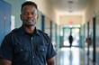 © Vadym - Portrait of confident black security officer in uniform at school hallway. Guard stands watch ensuring safety for students, staff during school hours. Building supervision, crime prevention, law