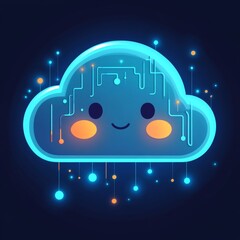Fototapete - Cute Blue Cloud Technology Illustration with Glowing Lights and Circuitry Design on a Dark Blue Background