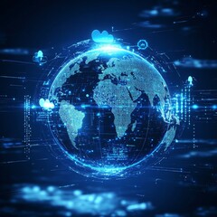Fototapete - Global Digital Network: A Connected World Powered by Cloud Computing and Data Transfer in a Futuristic Blue Design.