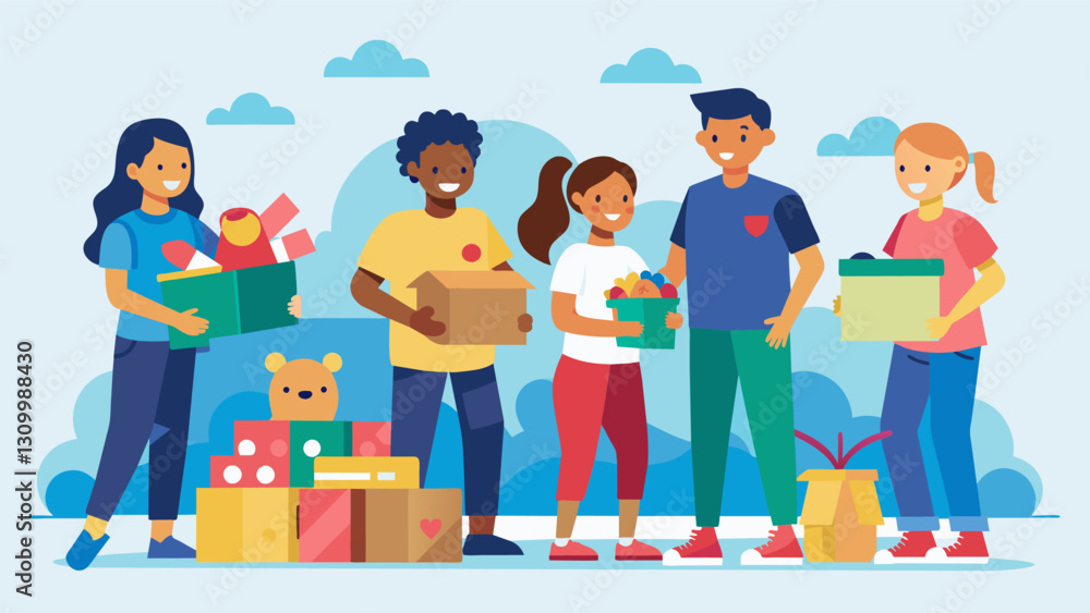A group of high school students organizing a secondhand toy drive as part of a community service project surrounded by donated toys waiting to be. Vector illustration