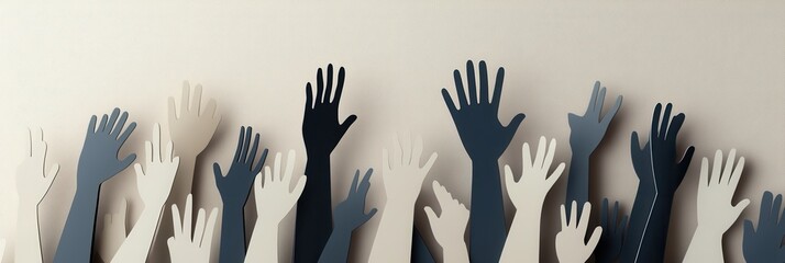Aufkleber - Silhouettes of people raising hands in unity against a minimalistic flat design background with soft gradients Generative AI