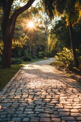 Wall Mural - Cobblestone path with sunlight