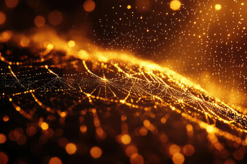 Poster - Golden web-like structure with glowing particles, resembling a cosmic network or interconnected system.