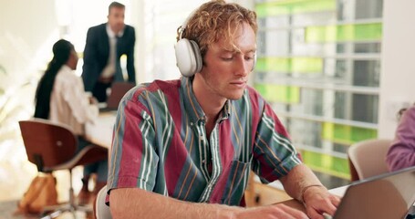 Poster - Laptop, man and headphones for university assignment, typing and research for studying module. Business course, streaming podcast and portal for college education, person and learning development