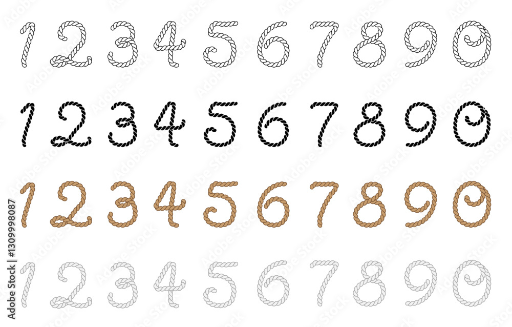 Woven Rope Numbers Clipart Set - Outline, Silhouette & Color - Brown ...
