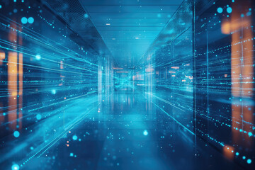 Poster - Abstract digital corridor with glowing lines and particles, symbolizing data flow and technological advancement.