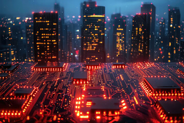 Poster - Glowing circuit board against a backdrop of a futuristic cityscape at night, symbolizing technological advancement.