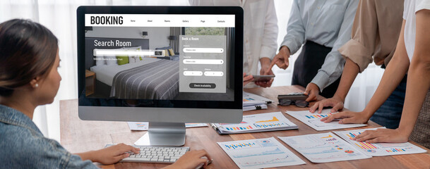 Fototapete - Online hotel accommodation booking website provide brisk reservation system . Travel technology concept .