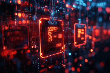 Poster - A futuristic digital circuit board with glowing red components displays data streams and processing information.