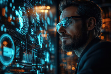 A man in glasses intently studies a large screen displaying complex data visualizations and global network information.
