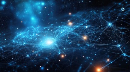 Poster - Dreamy cosmic landscape features planets and glowing lines connecting creative symbols in a deep blue nebula