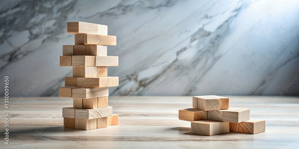 Tall Blocks A tall tower of wooden blocks contrasts with a small cluster of blocks ...