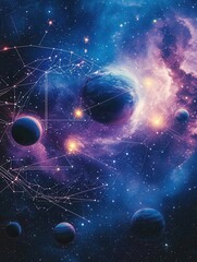 Poster - Dreamy cosmic landscape showcases interconnected planets and symbols amidst a vibrant deep blue nebula