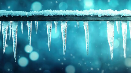 Wall Mural -  A cluster of icicles dangling from a wooden pole against a blue-green backdrop