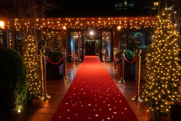 Wall Mural - red carpet leading to christmas party entrance with fairy lights decoration