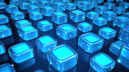 Poster - array of blue blocks reflect light on glossy dark surface, creating abstract tech background
