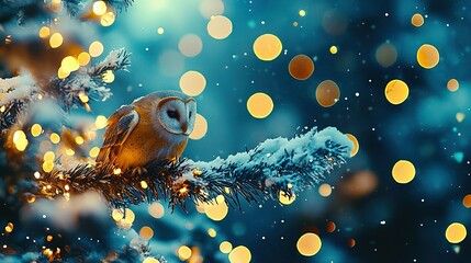 Wall Mural -   An owl perched on a Christmas tree branch, surrounded by a sea of twinkling lights