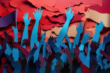 Leinwandbilder - Powerful paper art background capturing the spirit of activism with raised hands and flags in vibrant colors Generative AI