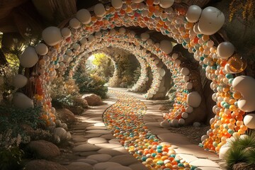 Aufkleber - Surreal landscape of colorful pill structures creating dreamlike pathways in a fantasy realm with intricate details Generative AI