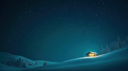 Wall Mural - a snow-covered hill at night, with a house in its center, the moon high above, and stars scattered a