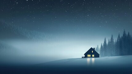 Wall Mural - a house in a snowy field, lit by stars and a full moon