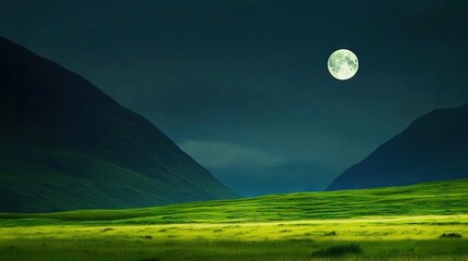 Wall Mural - a lush green field with majestic mountains towering behind it, illuminated by the full moon hanging 