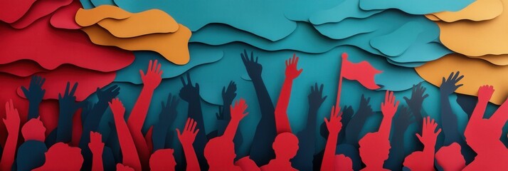 Leinwandbilder - Powerful paper art design representing activism with layered silhouettes of a crowd in vibrant colors Generative AI
