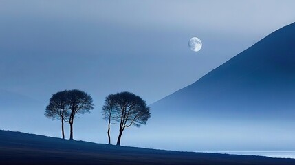 Wall Mural - three trees on a hill with a moon in the sky and a distant mountain in the foreground