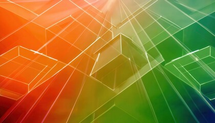 Poster - transparent geometric cube grid with vibrant gradient hues of orange, green, and blue, creating a futuristic abstract design

