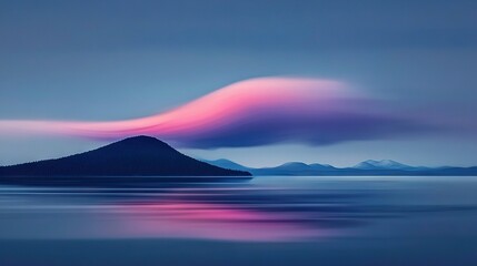 Wall Mural - pink cloud over mountain in body of water with mountains in background