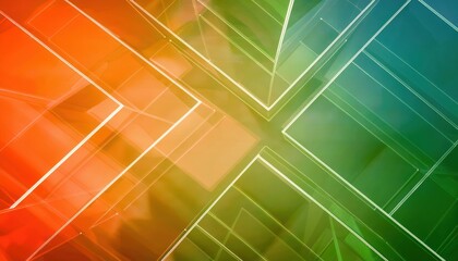 Poster - transparent geometric cube grid with vibrant gradient hues of orange, green, and blue, creating a futuristic abstract design

