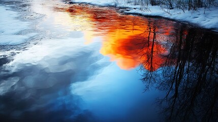 Wall Mural - a mirror image of the sky and clouds in a waterbody, with trees in the foreground and snow on the gr