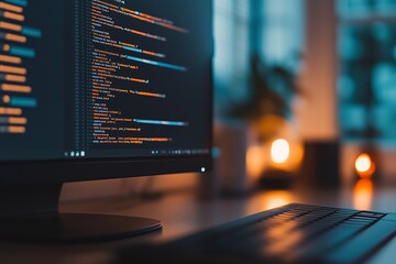 A close-up of a computer monitor displaying lines of code in a dimly lit workspace with warm ambient lighting.